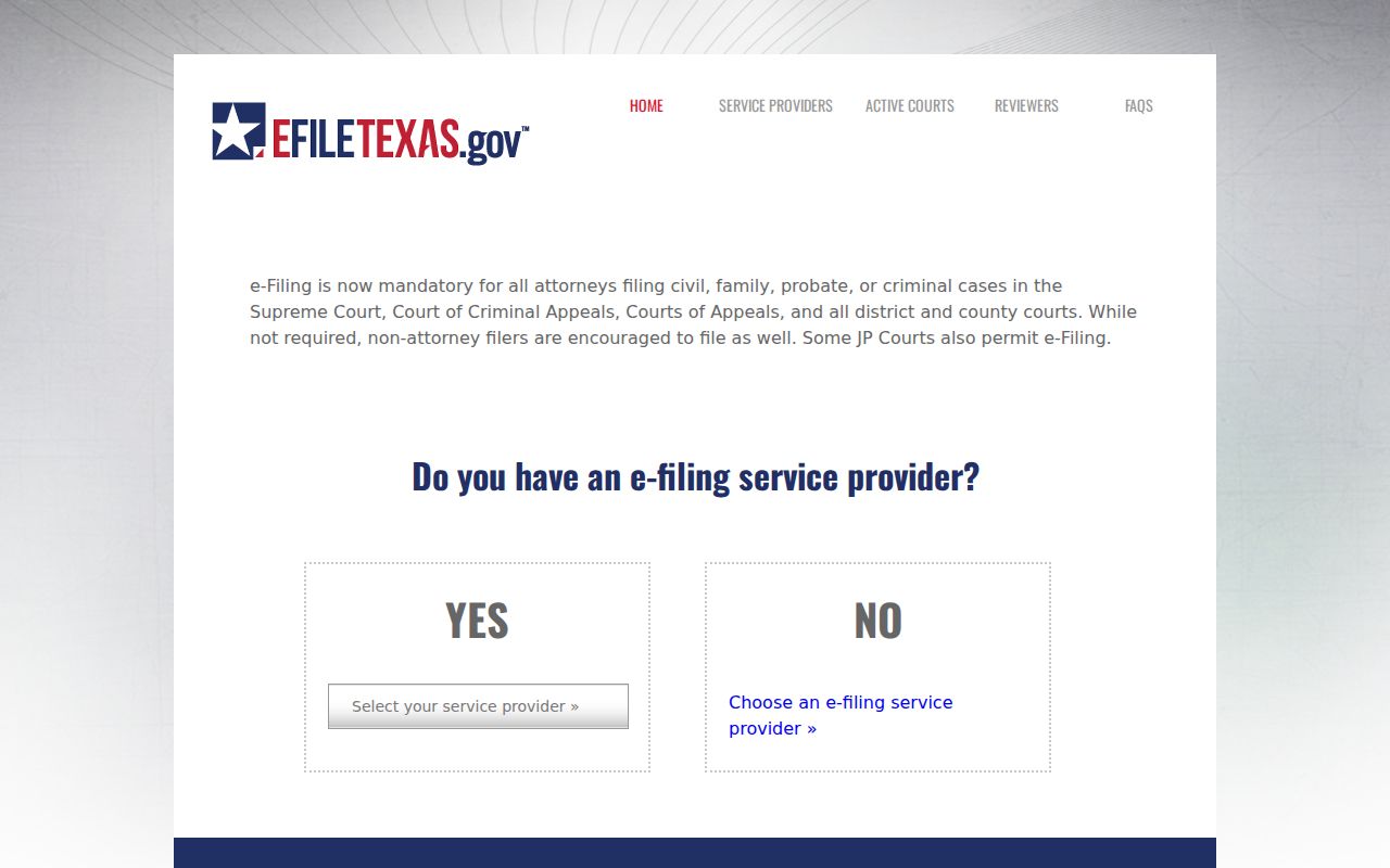 eFileTexas filing system entry page