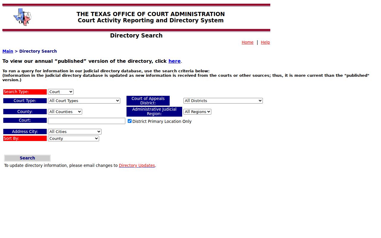 OCA court and personnel directory search controls