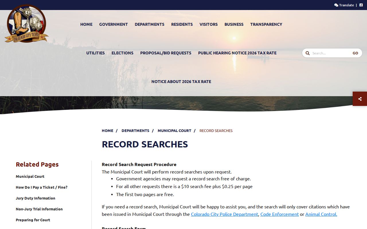 Colorado City Municipal Court record search scope and request procedure