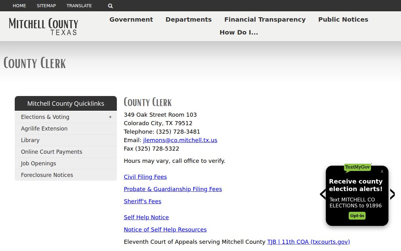 Mitchell County court docket County Clerk records links